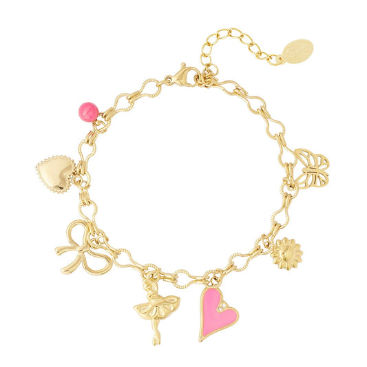 Pink charms armband goud